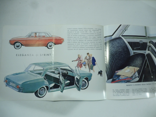 Ford Taunus 17 M nelle versioni 1500-1700 TS tutte con freni a disco. Pieghevole pubblicitario